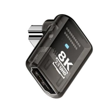 Imagem de xiwai Adaptador HDMI macho para HDMI 2.1 fêmea com ângulo baixo de 90 graus UHD 8K 60hz HDTV extensor transparente com luz LED inteligente para monitor de TV e projetor