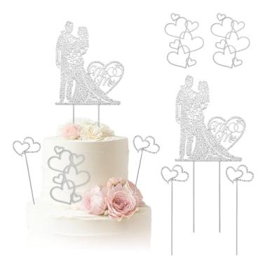 Imagem de SNOMEL 5 peças de enfeite de casamento Sr. e Sra. para bolo, decoração de bolo de casamento com strass para noivas e noivos, formato de coração de cristal de metal para chá de panela, festa de
