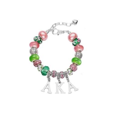 Imagem de JHJEWH Pulseira para AKA, joias gregas de strass rosa e verde, também conhecido como presentes de irmandade para mulheres, pulseiras de iniciação de irmandade com pingente AKA, presentes para irmãs