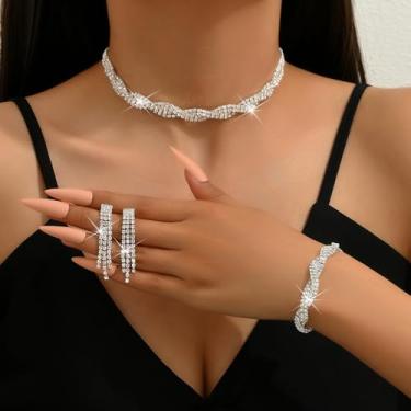 Imagem de Conjunto de joias de prata para mulheres, formatura, casamento, colar, bracet, brincos, strass, fantasias, vestidos de noiva