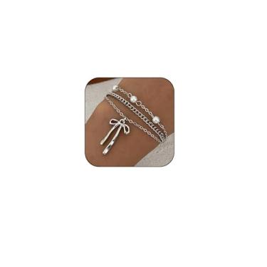 Imagem de ANGLEQUEEN Pulseiras de ouro para mulheres, conjunto de pulseiras com laço de pérola empilhável, pulseira de corrente de fita, pulseiras delicadas, boho, formatura, joias, acessórios, decorações de