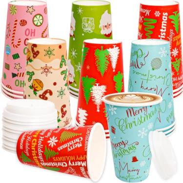 Imagem de Fancy Land 24 peças de copos de café descartáveis de Natal de 473 ml, copos de papel de feliz Natal com tampas, bebidas frias, chocolate, bebidas de Natal, jantar, festa, utensílios de mesa