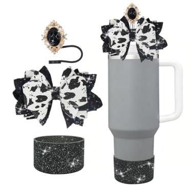 Imagem de Conjunto de 3 peças de acessórios para copo Stanley de 30 e 1,134 g com alça, decoração de canudo de laço fofo e topo de palha de 10 mm, bota de silicone com glitter, acessórios de copo fofos