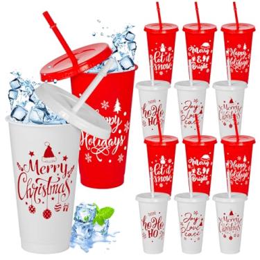 Imagem de Cinrobiye 12 peças de lembrancinhas de festa de Natal copos de plástico com tampa canudo 680 g copos de plástico reutilizáveis garrafa de água a granel caneca de café para festas de inverno, presentes