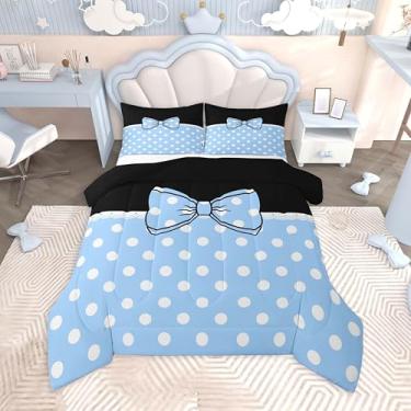 Imagem de jejeloiu Jogo de cama com laço fofo, 3 peças, tamanho casal, com bolinhas, para meninos e meninas, edredom com tema de princesa, macio, leve, microfibra azul