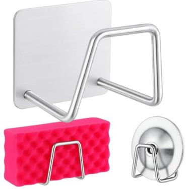 Imagem de Suporte de Esponja Gancho Adesivo Multifuncional Porta Esponja Para Bucha Pia e Parede Suporte Multiuso de Aço InoxidávelAutoadesivo Acabamento em Prata