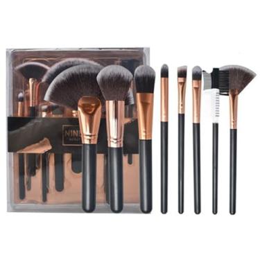 Imagem de Conjunto de 8 pincéis de maquiagem portáteis tamanho viagem com estojo de PVC para base em pó ferramenta de mistura de sombras - preto