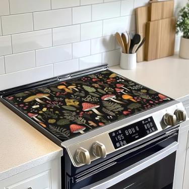 Imagem de Tampa superior de fogão de cogumelo retrô capa de vidro resistente ao calor, capa de fogão de cerâmica de traça de planta florestal evita arranhões fogões/balcão/protetor de arruela, 71 x 50 cm