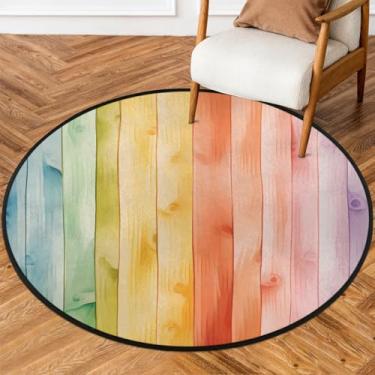 Imagem de Tapete redondo de 1,5 m de madeira, arco-íris, colorido, macio, círculo, antiderrapante, lavável, tapete circular para quarto, berçário, sala de estar, cozinha, banheiro, entrada, decoração de casa