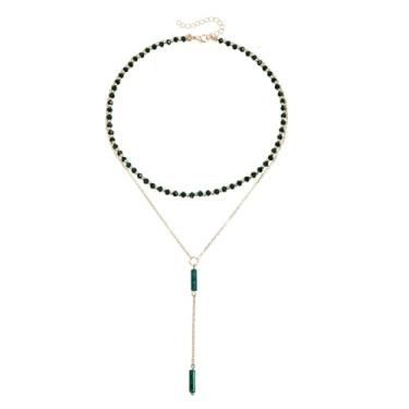 Imagem de Unurgoonit Colar gargantilha em camadas para mulheres com contas verdes e pingente de corrente de ouro, gargantilha com contas de camada dupla e colar de gota, Metal, Sem Pedra Preciosa
