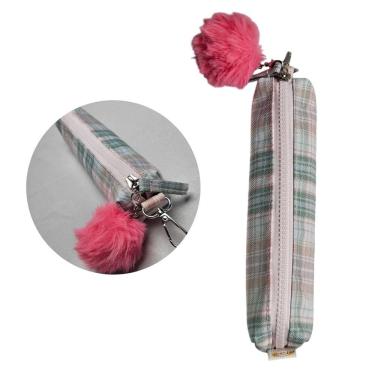 Imagem de Estojo Escolar Xadrez Verde com Pompom Fofo Multiuso Organização Colorido Lápis Caneta Borracha Cor