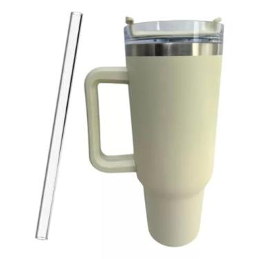 Imagem de Caneca Térmica de Aço Inoxidável, 1200 ml, com Alça e Canudo, Branca e Azul (Bege)