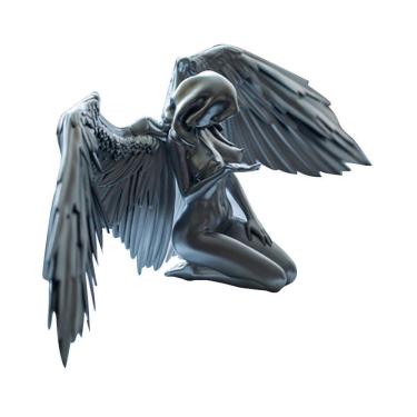 Imagem de Escultura de estatueta feminina com asas de anjo ajoelhadas com chapéu de capa