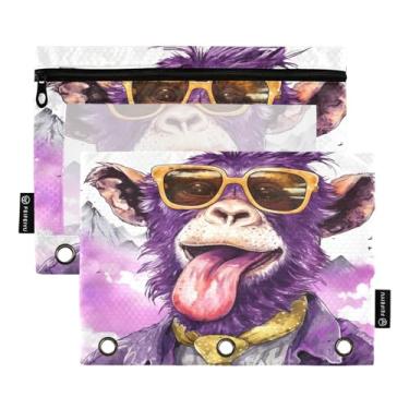 Imagem de Wassud Bolsa de lápis para fichário de 3 anéis, bolsa de lápis transparente com zíper liso, estojo engraçado de macaco para fichário, pacote com 2