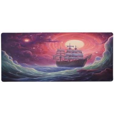 Imagem de Wassud A Ship in The Ocean Mouse Pad Gaming com base de borracha antiderrapante, mouse pad longo para teclado de computador com borda costurada, almofada grande à prova d'água para escritório, casa
