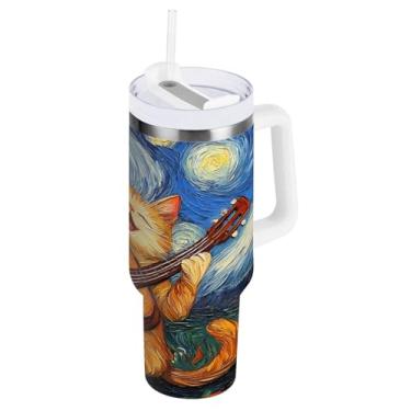 Imagem de CEBUGI Copo de 1,134 g com alça copos isolados com tampa e canudo Garrafa de água reutilizável de aço inoxidável à prova de vazamento caneca de café de viagem gato amarelo