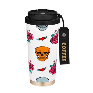 Imagem de STAYTOP Copo de café de aço inoxidável de 500 ml, caneca de café de viagem com isolamento de caveira e rosa com tampa, xícara de café à prova de derramamento, copos portáteis reutilizáveis para