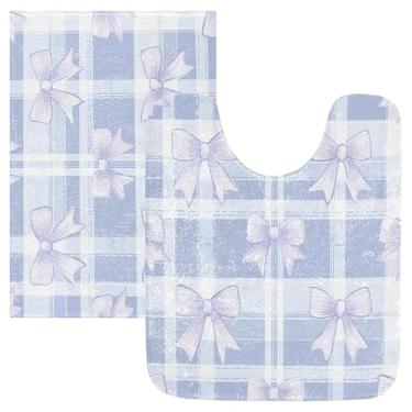 Imagem de Burbuja Conjunto de tapetes de banheiro xadrez Blue Bows, tapete de banho macio e absorvente, base de vaso sanitário antiderrapante para banheiro