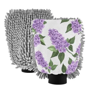 Imagem de STAYTOP Luvas de lavagem de carro com flor lilás roxa, 2 peças, luvas de microfibra de chenille, sem arranhões, panos de esponja de lavagem ultra absorventes para carros, limpeza doméstica - M
