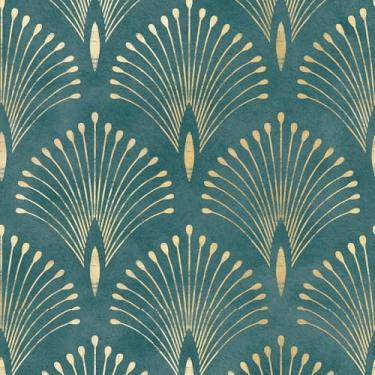 Imagem de Livelynine Papel de parede Art Deco de 44,5 x 701 cm vintage azul-petróleo verde dourado elegante papel de parede amigável para locatário boho pena de pavão vinil envoltório autoadesivo papel de