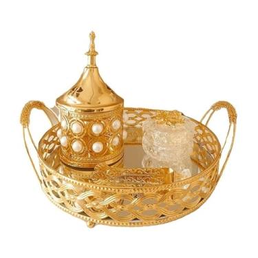 Imagem de porta-vara de incenso Conjunto de queimador incenso dourado, conjunto oco metal árabe, cone resina olíbano requintado para decoração spa ioga escritório doméstico