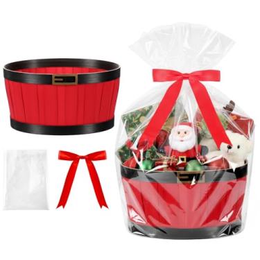 Imagem de Threehoney Cesta de Natal para presentes, cesta vazia de bambu de Papai Noel com saco e fita de laço para armazenamento de Natal, petisco, com alça de 23 x 17,8 cm