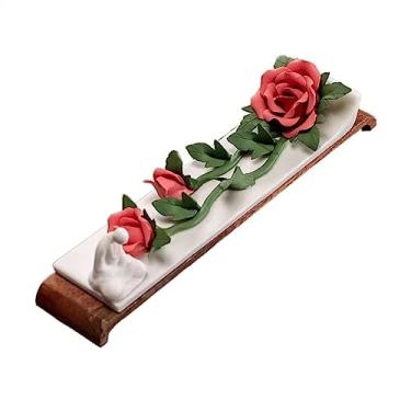 Imagem de porta-vara de incenso Queimador de incenso cerâmica requintada em forma flor linha Zen interior bandeja chassi madeira(A)