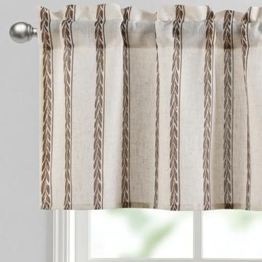 Imagem de JIUZHEN Saia de cozinha de 132 x 45 cm – Cortina para janela listrada de linho texturizado grosso com bolso de haste de 7,6 cm, marrom listrado trigo (1 painel)