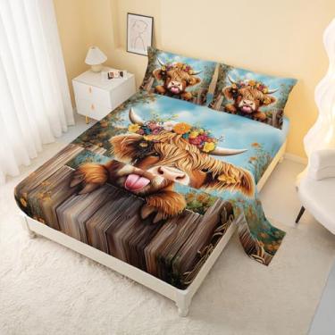 Imagem de AILONEN Jogo de cama solteiro engraçado de vaca Highland, 4 peças, desenho animado de gado, animais de fazenda, animais de fazenda, 1 lençol de cima + 1 lençol com elástico + 2 fronhas