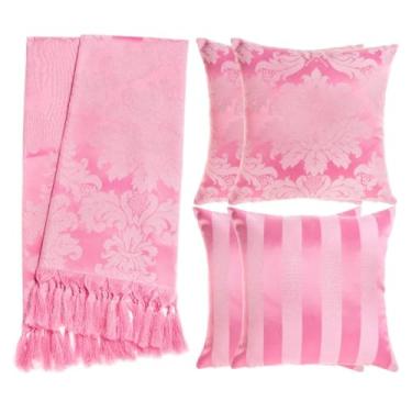 Imagem de Kit Manta para Sofá Jacquard 1.8x1.4m + 4 Capas de Almofada 45x45cm - Conjunto Protetor e Decorativo com Franjas Artesanais(Rosa Bebê 126)