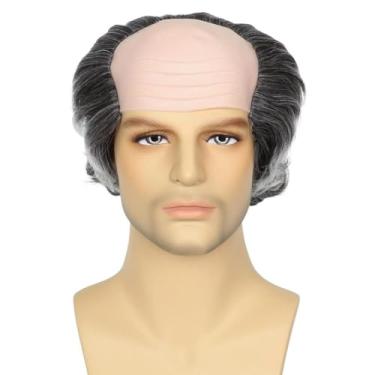 Imagem de Touca careca com cabelo careca, peruca branca curta encaracolada de cabeça de velho careca, touca de homem velho, trapézio de cabelo macio sintético, para cosplay de fantasia, para mulheres e homens