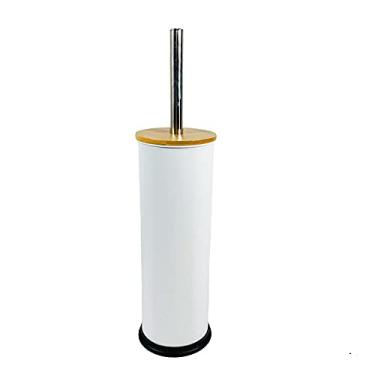 Imagem de Escova Sanitária Cabo Cromado com Tampa Bambu Suporte em Aço Inox Branco Cerdas em Nylon Lavabo 38cm