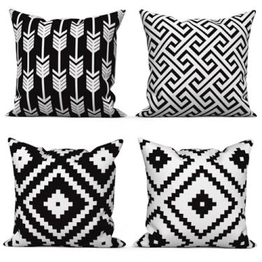Imagem de Vie Savaran Capas de almofada geométricas pretas e brancas 45,7 x 45,7 cm, conjunto de 4 fronhas listradas abstratas, estilo mórden, capa de almofada quadrada para cadeira, sofá, quarto, casa