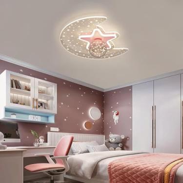 Imagem de Luminária de teto infantil LED em formato de estrela e lua, com cúpula de vidro e regulagem contínua de intensidade por controle remoto. 40W, ideal para quartos e jardins de infância (rosa).