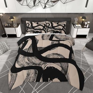 Imagem de Feelyou Conjunto de cama listrado preto e marrom macio para meninos e meninas, conjunto de edredom geométrico, tamanho Queen, arte abstrata, moderno, edredom de microfibra, decoração de quarto, 3
