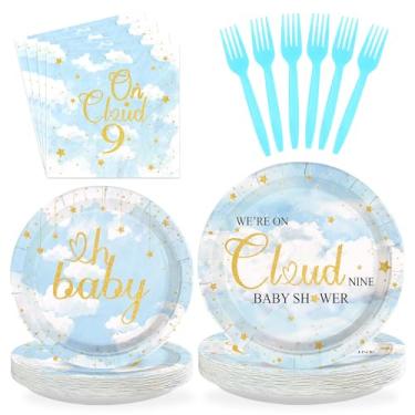 Imagem de Greencian Conjunto de utensílios de mesa para chá de bebê, 96 peças, azul e branco, pratos e guardanapos, céu azul, nuvens brancas, conjunto de utensílios de mesa para meninas e meninos, decoração de