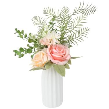 Imagem de PartyforU Flores artificiais com vaso – Flores artificiais rosas em vaso para mesa de centro, decoração de entrada, arranjo floral rústico para sala de estar, cozinha, casa de fazenda, decoração de