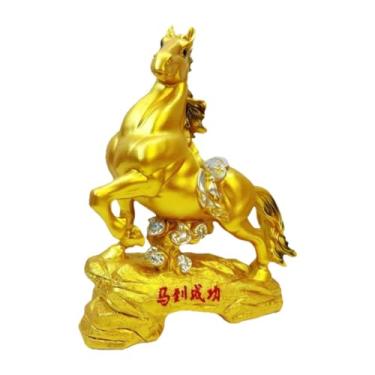 Imagem de WeiLaiKeQi Estátua de cavalo chinês para mesa, escultura de animais em resina, símbolo de Feng Shui para atrair fortuna e decorar estante de livros no quarto, 24x28cm