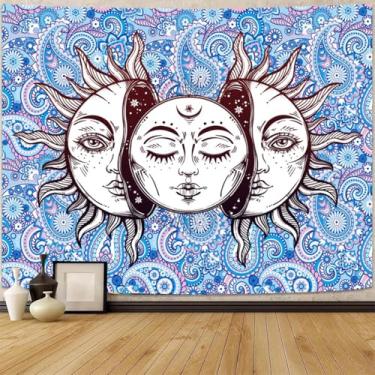 Imagem de FENDROM Tapeçaria hippe boho sol e lua, tapeçarias coloridas tripy, estética mística, sol ardente, lua, cobertor para pendurar na parede para quarto, sala de estar, dormitório