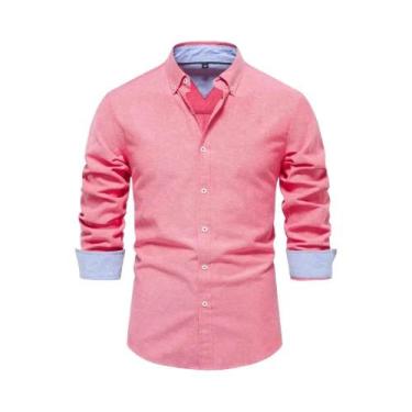 Imagem de Camisa Oxford Masculina De Algodão Misturado Para Primavera, Manga Lon
