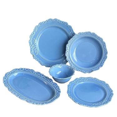 Imagem de Prato de renda azul retrô sobremesa de cerâmica francesa azul - tigela de sopa de 23 cm