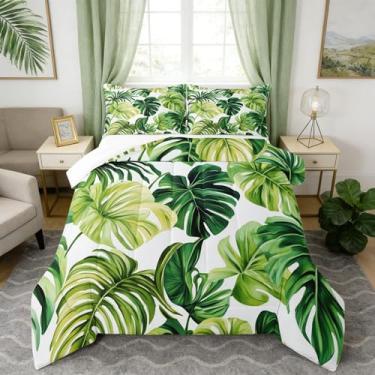Imagem de Homewish Conjunto de edredom com folhas de palmeira verde, botânico, folhas naturais, aquarela, para crianças, adolescentes e adultos, decoração de plantas tropicais, edredom acolchoado com 2 fronhas
