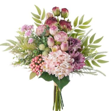 Imagem de Peauley Arranjos de mesa artificiais de seda de flores falsas artificiais de 45,7 cm para casa com rosas, tulipas, coreopsis, hortênsias, dálias, sálvias, galhos de feijão e bagas