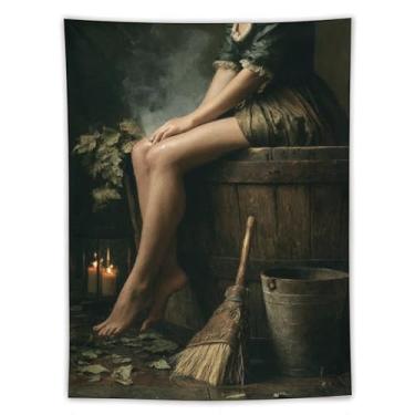 Imagem de Tapeçaria mística vintage mulher em barril vassoura lanterna folhas caídas decoração de parede assustadora sala de estar quarto decoração de casa enfeite exclusivo têxtil pendurado 152 x 203 tapeçaria