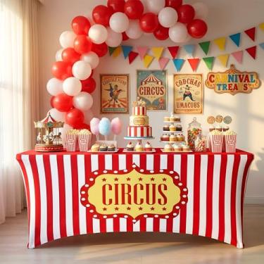 Imagem de Moukeren Toalha de mesa de carnaval de 1,8 m com elastano elástico, toalha de mesa listrada vermelha e branca de elastano, decoração de mesa de festa de circo de carnaval para mesas dobráveis padrão