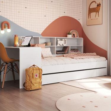 Imagem de Cama Solteiro Infanto Juvenil com Escrivaninha para Estudo Estante e Cama Auxiliar Branco - Completa Móveis