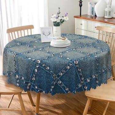 Imagem de TTQYFNM Toalha de mesa redonda de diamante de 177 cm de estrutura inclinada quadrada jeans vintage incrustada com strass circular toalha de mesa de tecido impermeável para cozinha, jantar, aniversário