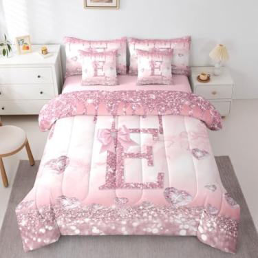 Imagem de Erosebridal Conjunto de edredom de 7 peças, solteiro, com laço rosa, letra E, para crianças, adolescentes, kawaii, com laço, estampa brilhante, princesa, moderno, decoração de quarto