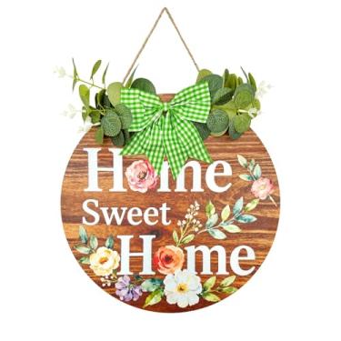 Imagem de DOUSUI Home Sweet Home Placa de boas-vindas de madeira para decoração de porta da frente, decoração de parede de varanda para casa, doce lar, letreiro de parede com grinalda de nó de laço, presente