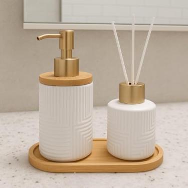 Imagem de Kit Banheiro Premium 3 Peças Saboneteira + Difusor + Bandeja em Porcelana Luxo Preto e Branco – Lavabo e Banheiro(Branco Linhas)